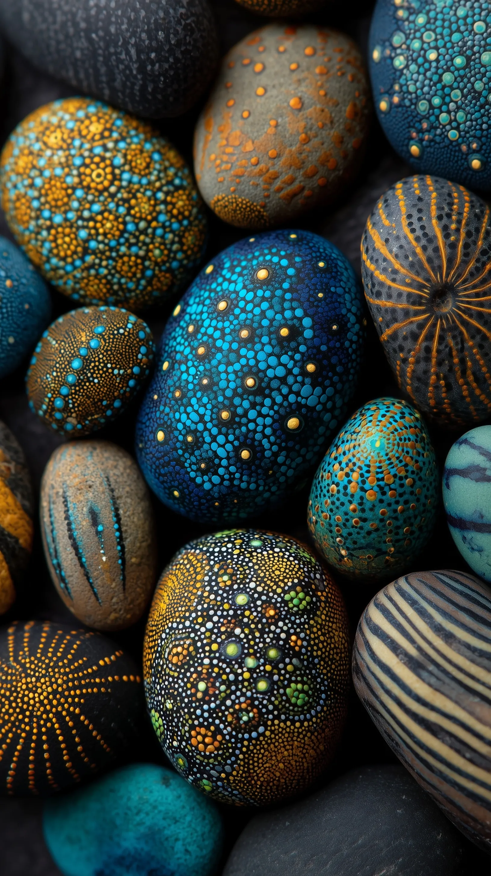 Colorful rock painting art featuring intricate dot and stripe patterns resembling delicate sea life.