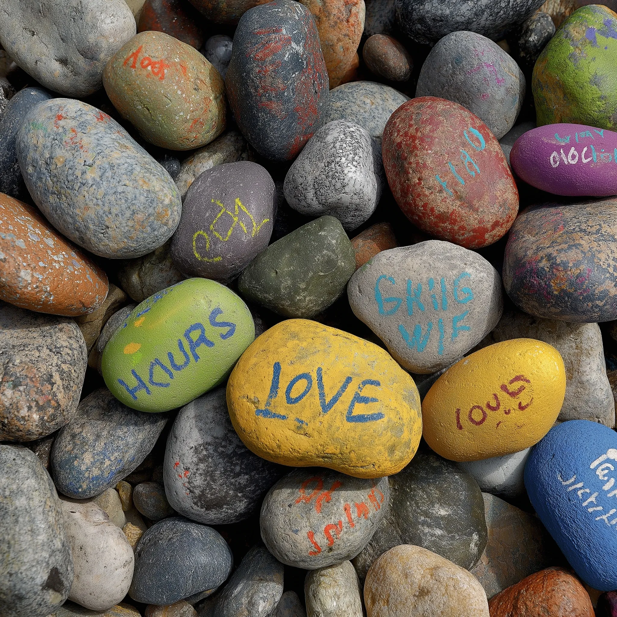 Hand-painted stones with positive messages placed in a natural outdoor setting.