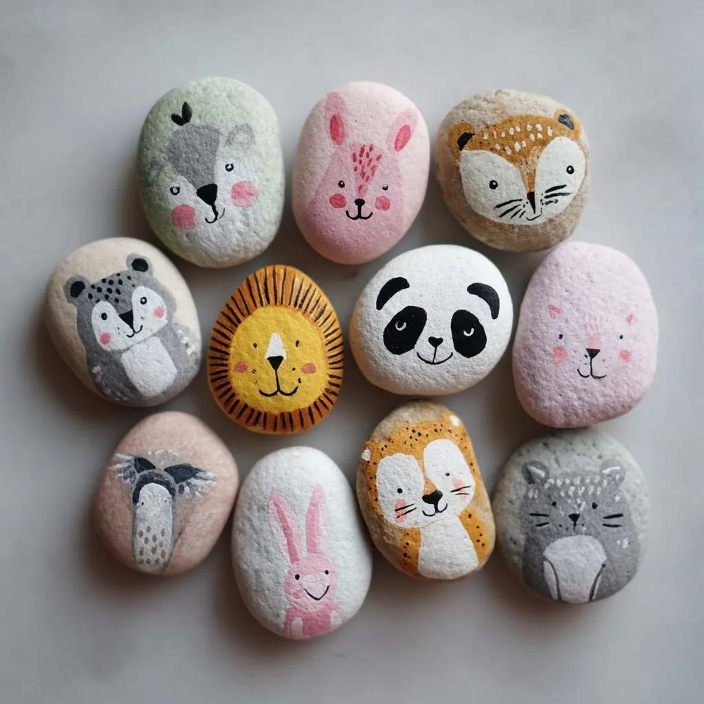 Cute animal hand-painted rocks on a wooden surface, DIY stone painting art project.