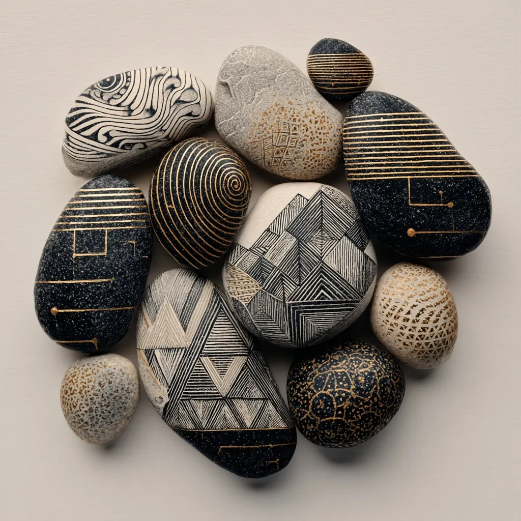 Minimalist Japanese-style rocks with intricate white and gold geometric patterns in a hyper-realistic close-up.