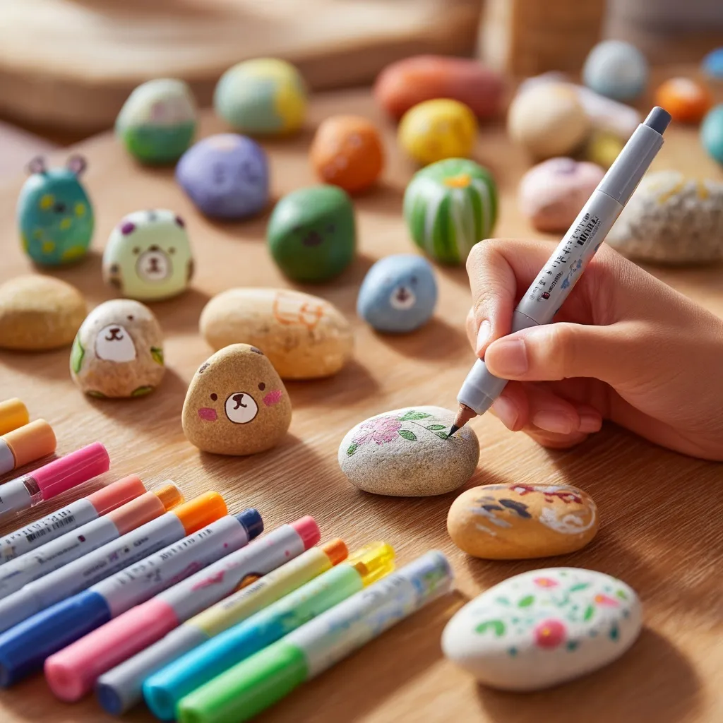 A person painting cute bear and flower designs on smooth wooden rocks with colorful markers on a craft table.