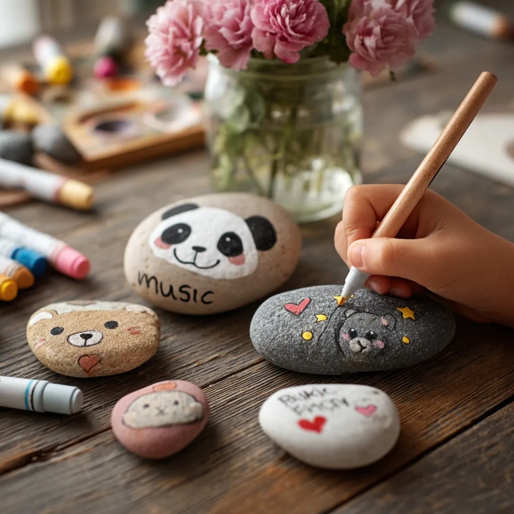 Someone drawing cute animal characters on decorative painted rocks with markers on a rustic wooden table.