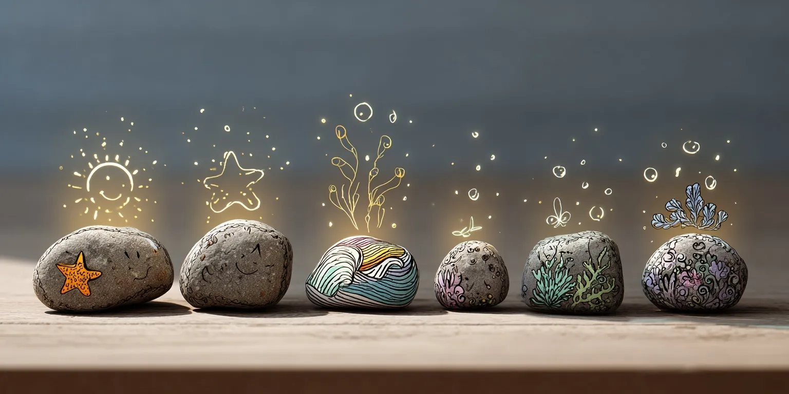 Painted stones on a table with glowing magical bubbles forming line art illustrations in a whimsical flat design.