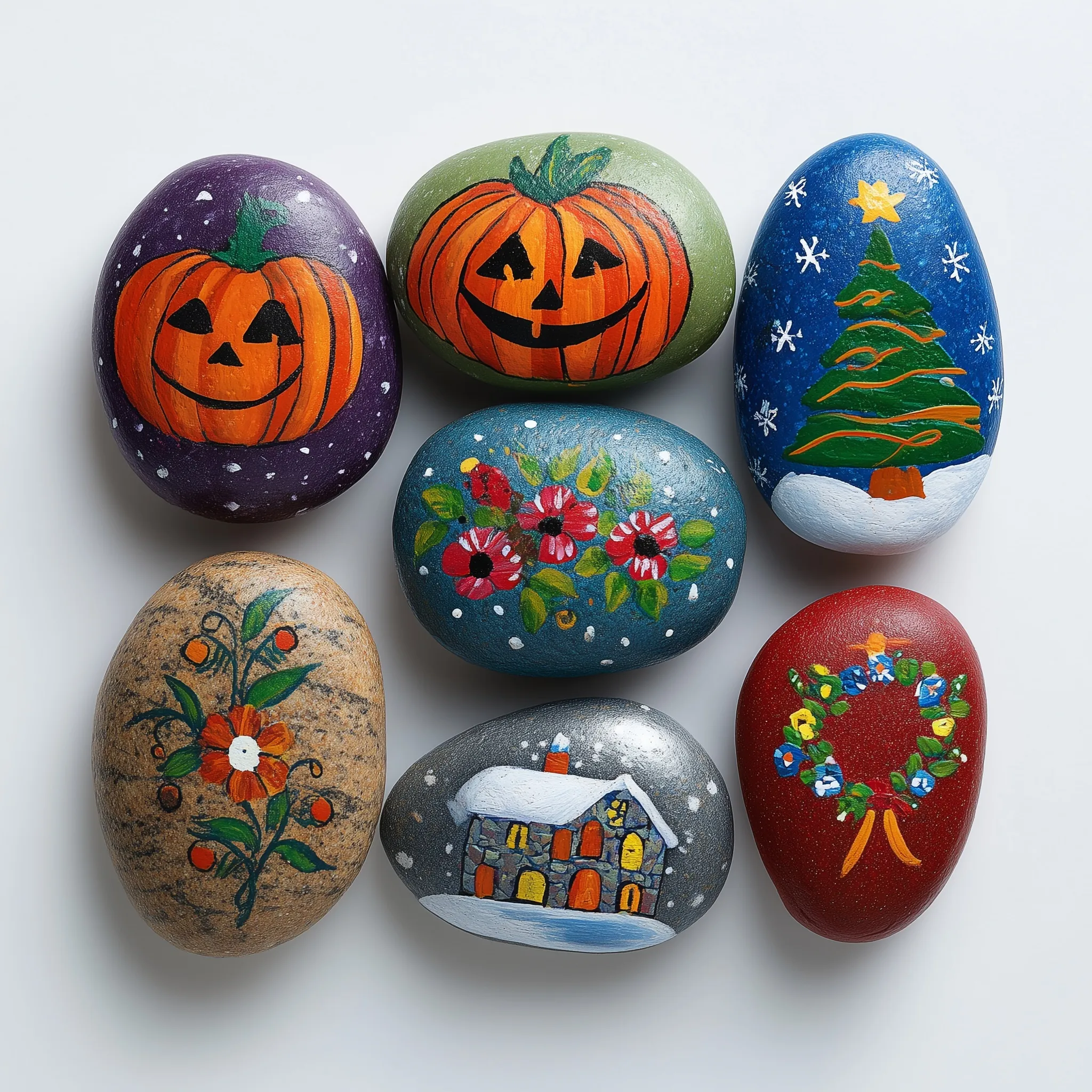 Top-down macro shot of colorful hand-painted decorative rocks for Halloween and Christmas on a white background.