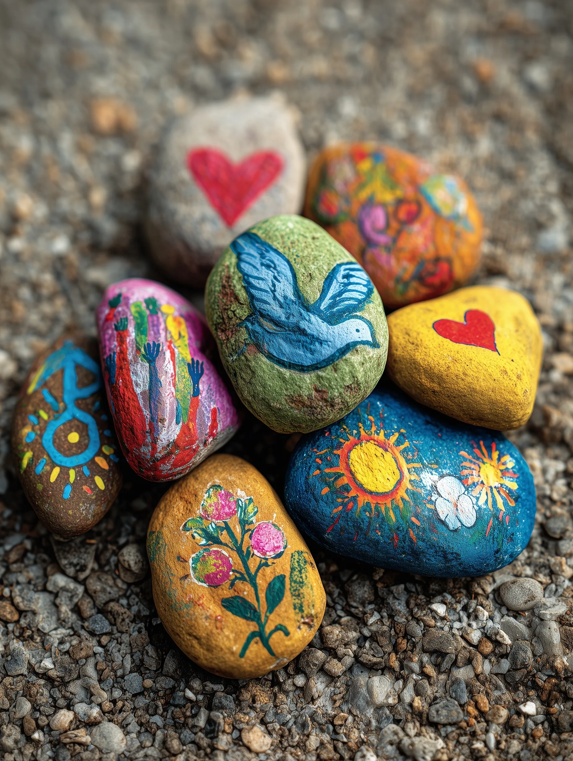 Close-up of colorful hand-painted rocks with heart, dove, and flower designs lying outdoors on gravel.