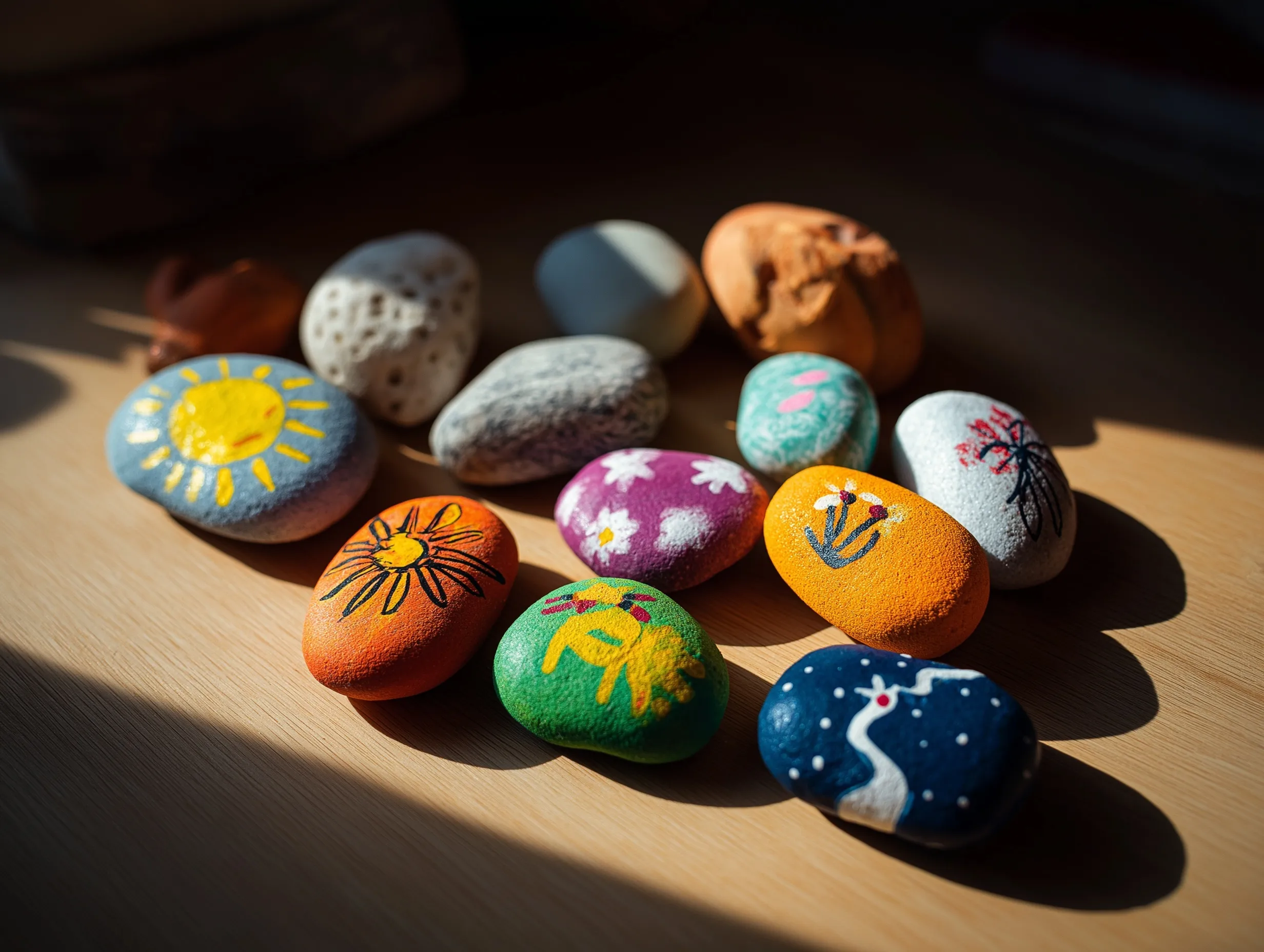 Painted stones with kid-friendly designs created with acrylic markers on a cozy wooden table, minimal aesthetic.