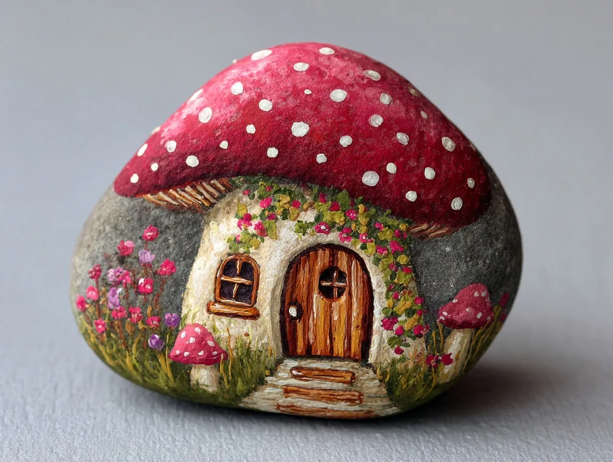 Hand-painted rock art of a whimsical mushroom house with a red roof, wooden door, and flowers on a garden path.