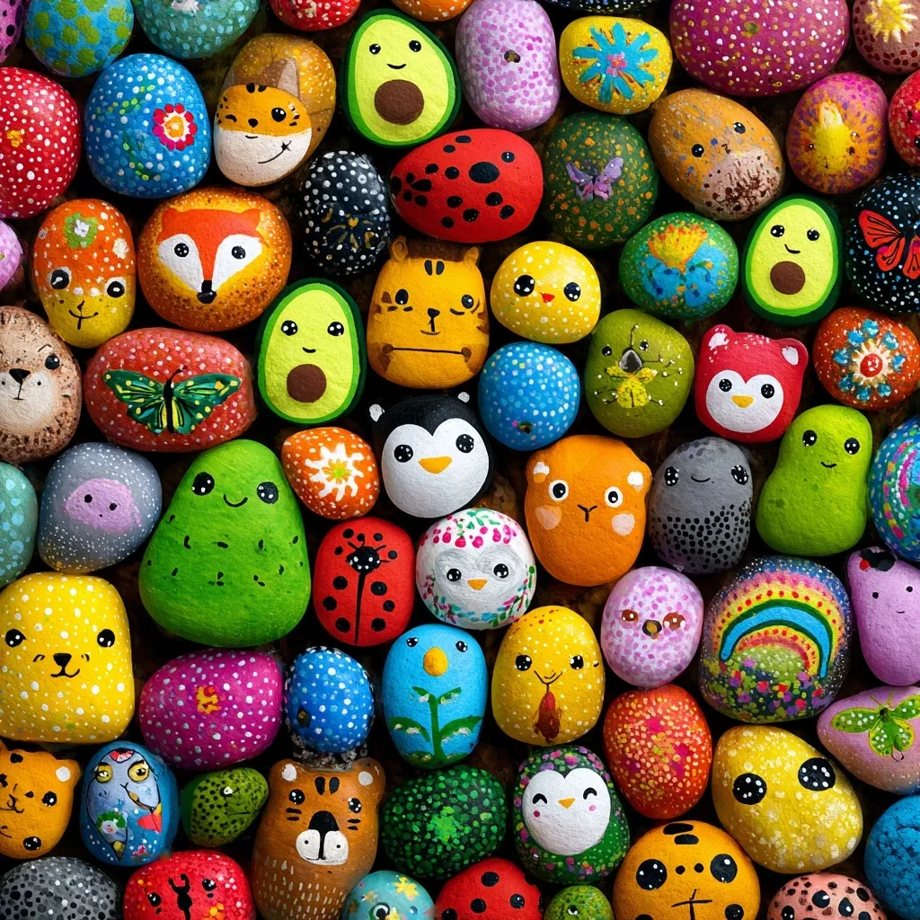 Colorful hand-painted rocks and pebbles with cute characters and mandala art in a flat lay pattern.