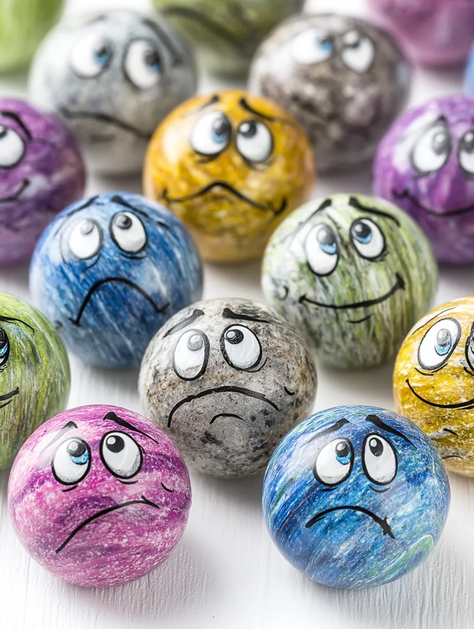 Painted rock art decorated with glass marbles and googly eyes on a natural stone surface.