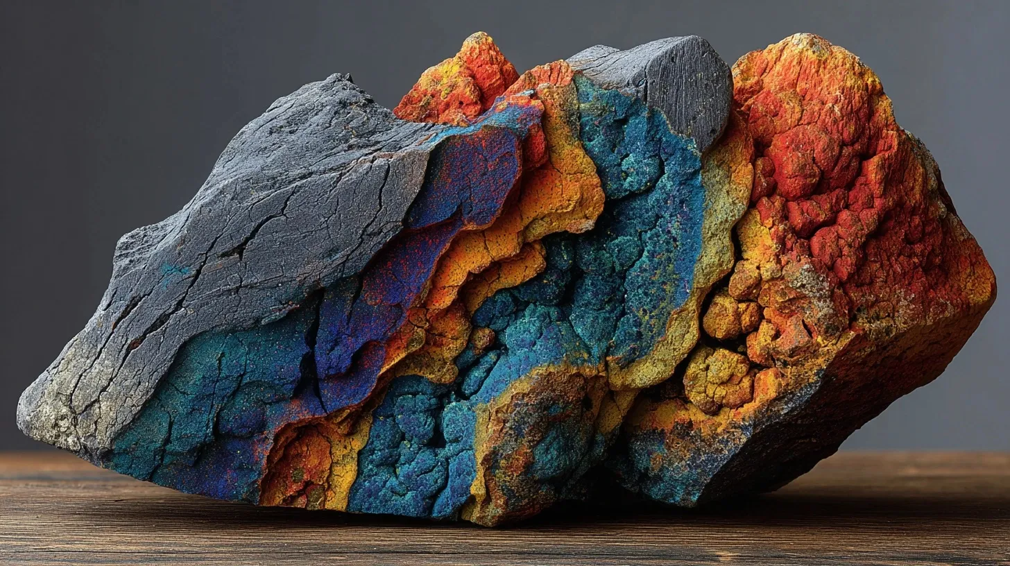 A Yooperlite rock painted with intricate glowing patterns displayed on a rustic background.