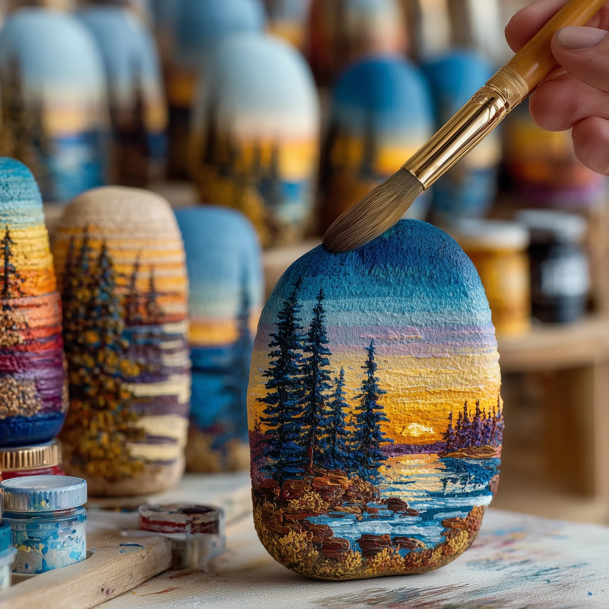 A beautifully hand-painted landscape scene on a smooth river stone featuring a colorful sunset and mountain view.