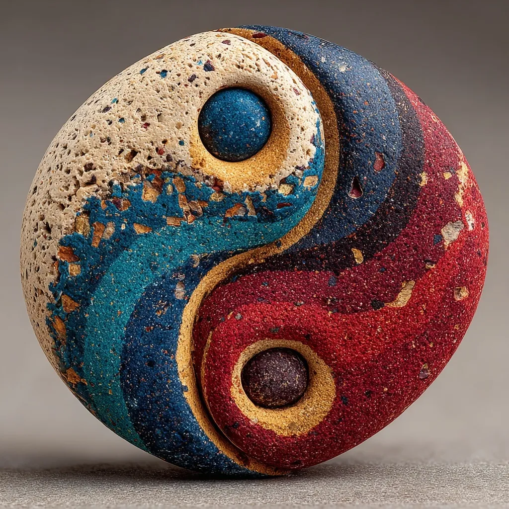 A beautiful colorful rock painting of a yin yang symbol used for healing meditation and mindfulness practices.