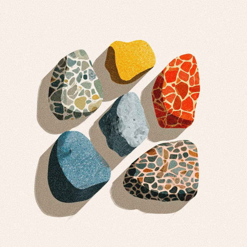 Flat vector illustration of a mosaic art pattern made from five colorful painted rocks on a white background.