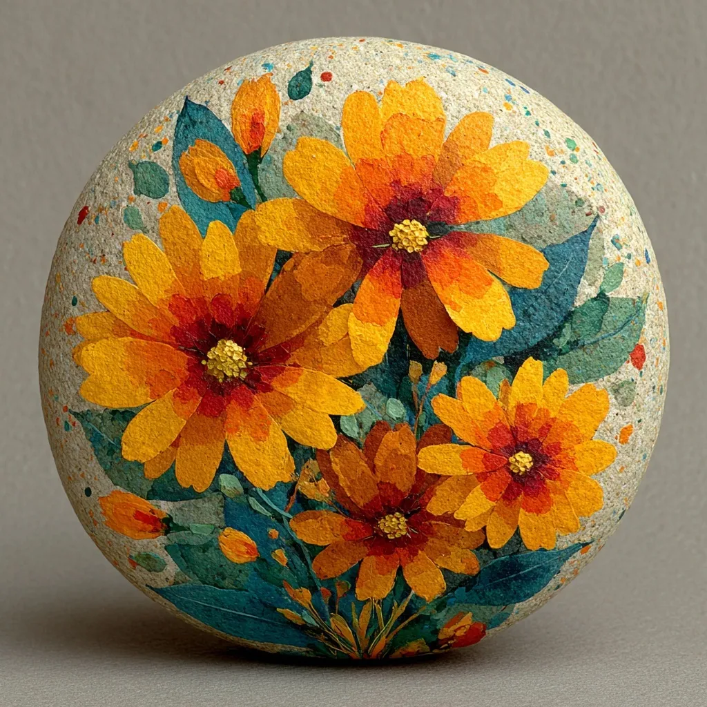 A semi-round stone with a rough texture hand-painted with vibrant yellow and orange flower art.