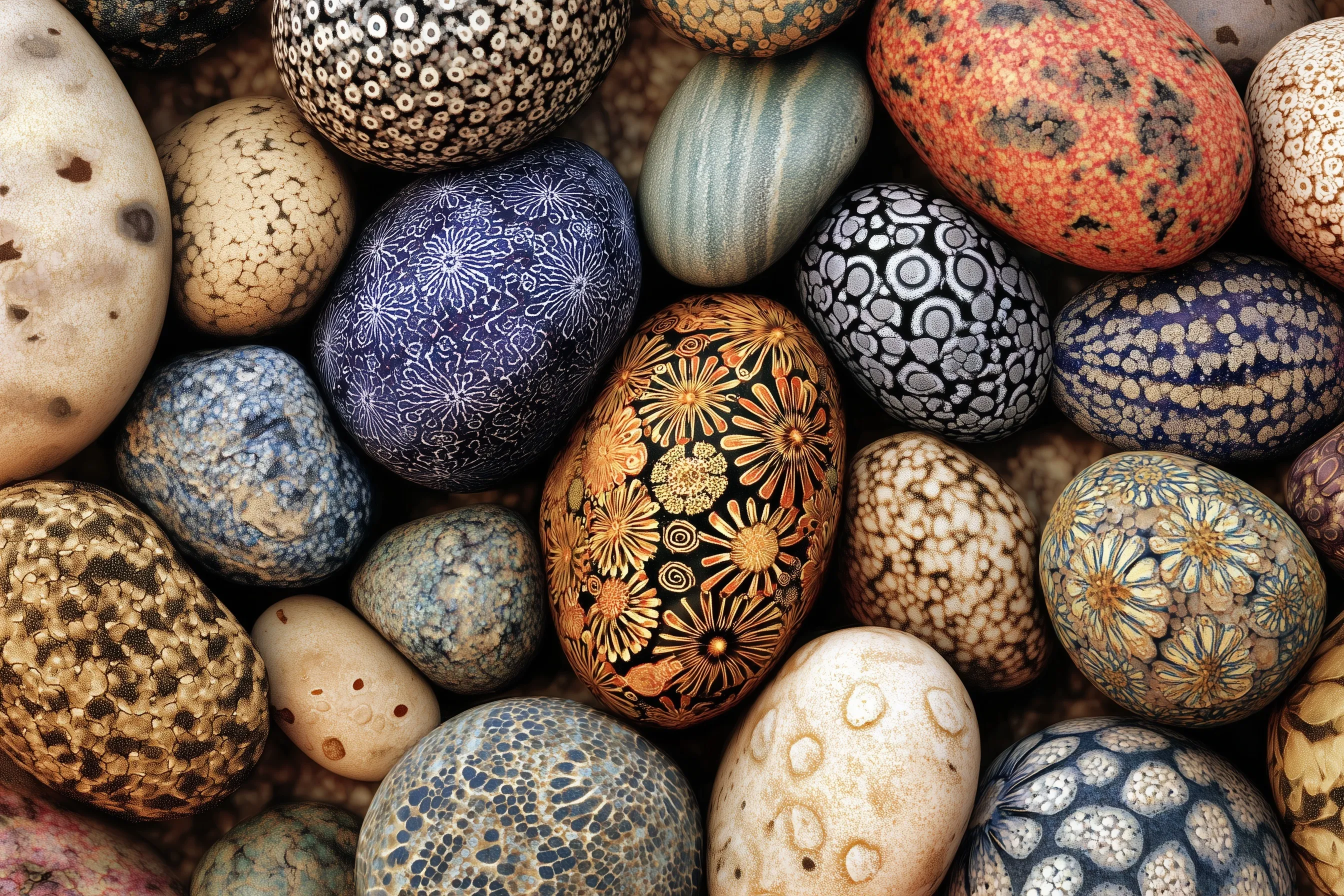 Colorful pebbles with intricate hand-painted patterns arranged in a stylish artistic display for 32K HD background.