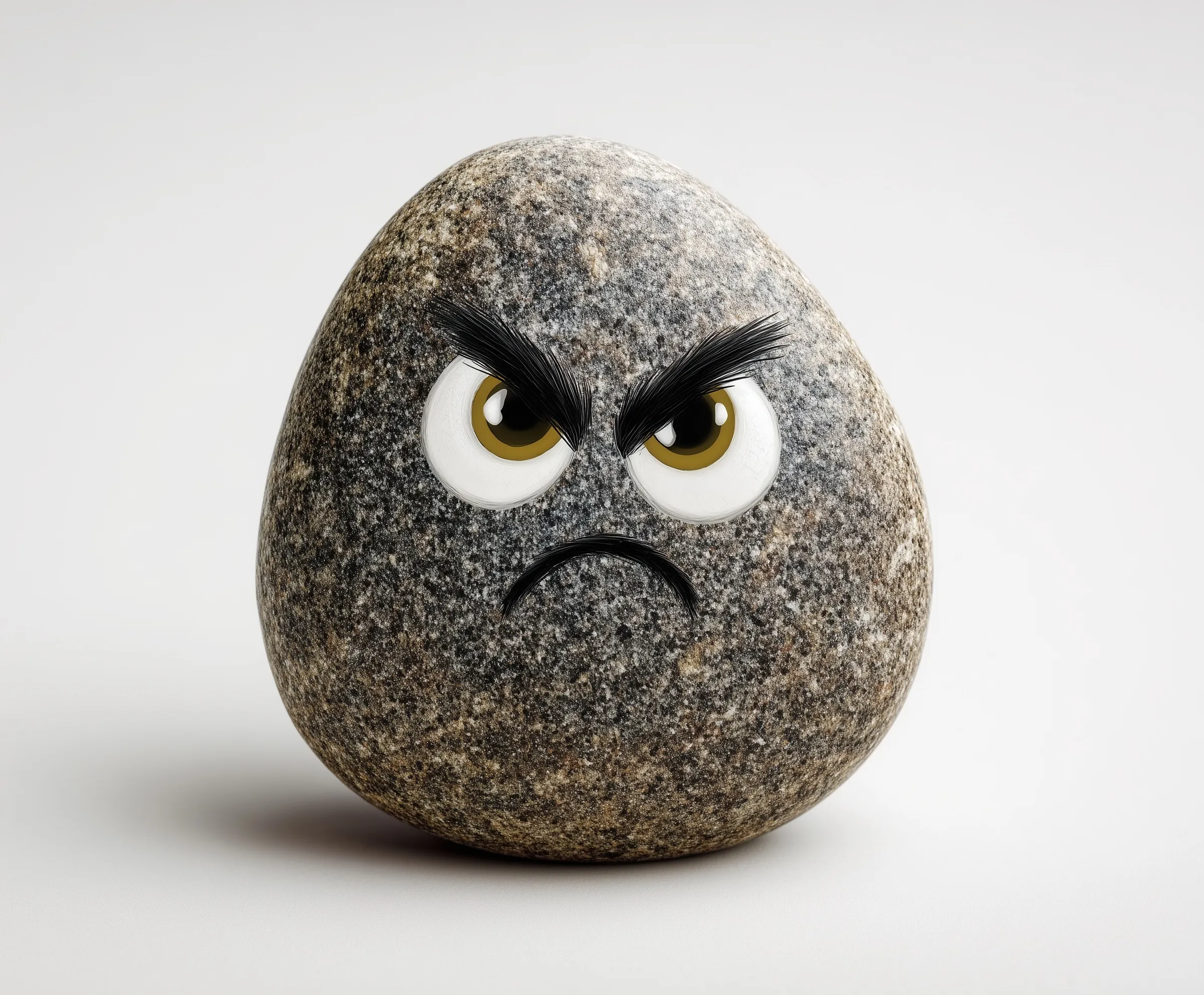 A whimsical illustration of a pebble with an angry face drawn on it, isolated on a clean white background.