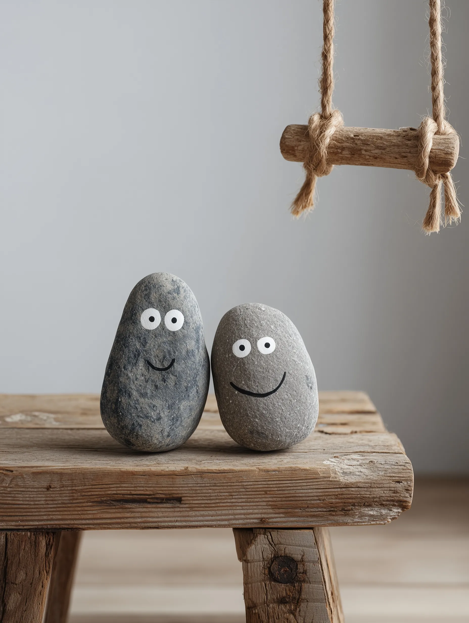 Two cute painted rocks with faces sitting on a rustic wooden bench against a minimalist background.