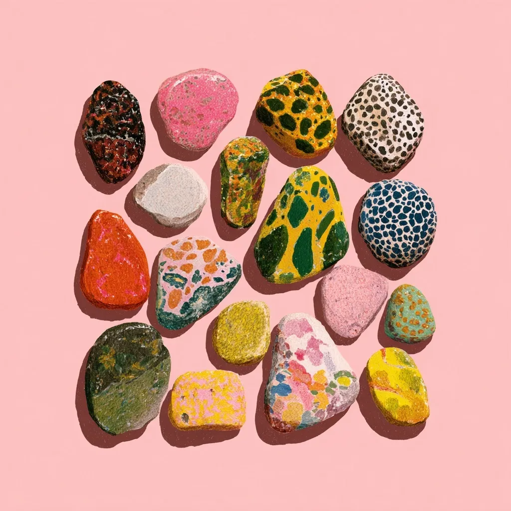 Colorful animal-shaped painted stones on a white background in a dreamy, vibrant artistic style.