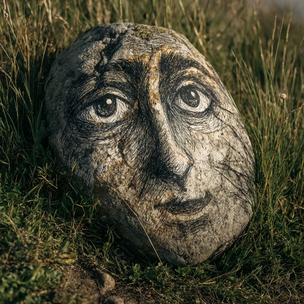 A hyperrealistic face drawn with crayon on an oval grey rock resting in green grass, low angle photography.