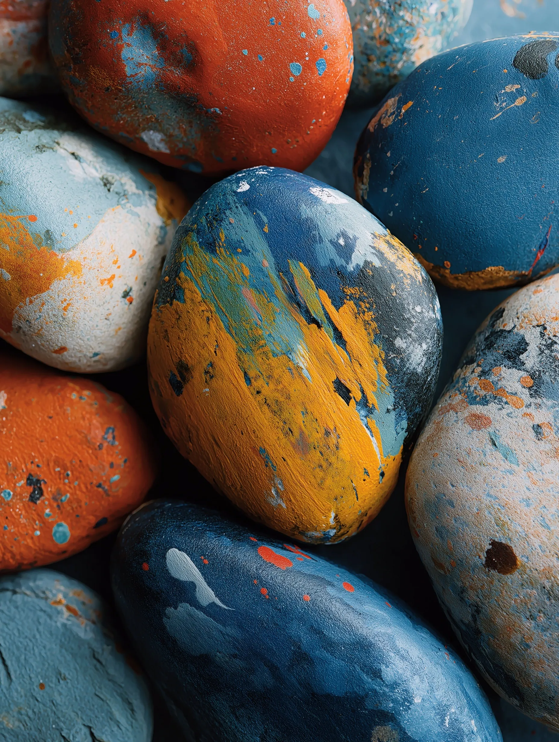 Abstract rock painting with colorful acrylic paint splashes and drips in a Jackson Pollock art style.