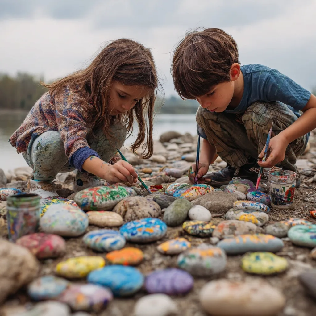 Children painting river rocks outdoors in nature to connect with the environment.