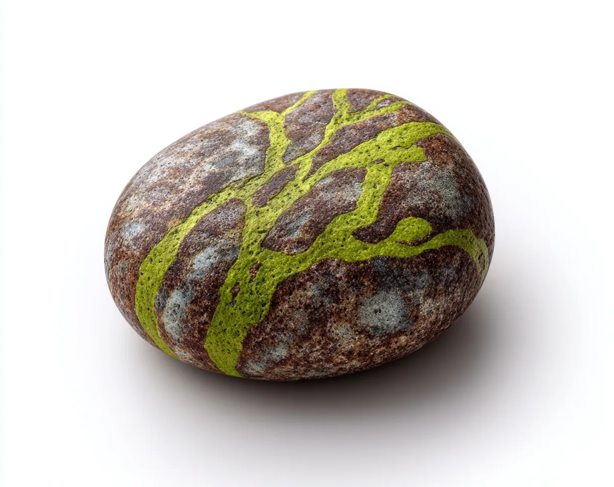 A gray-brown pebble featuring intricate lime green patterns on a clean white background, studio photography style.