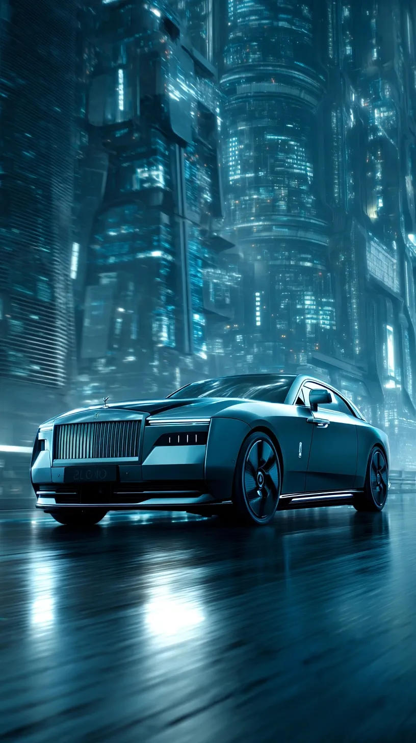 A sleek 2025 Rolls-Royce Spectre electric luxury car cruising through a futuristic neon city at night in 4K.