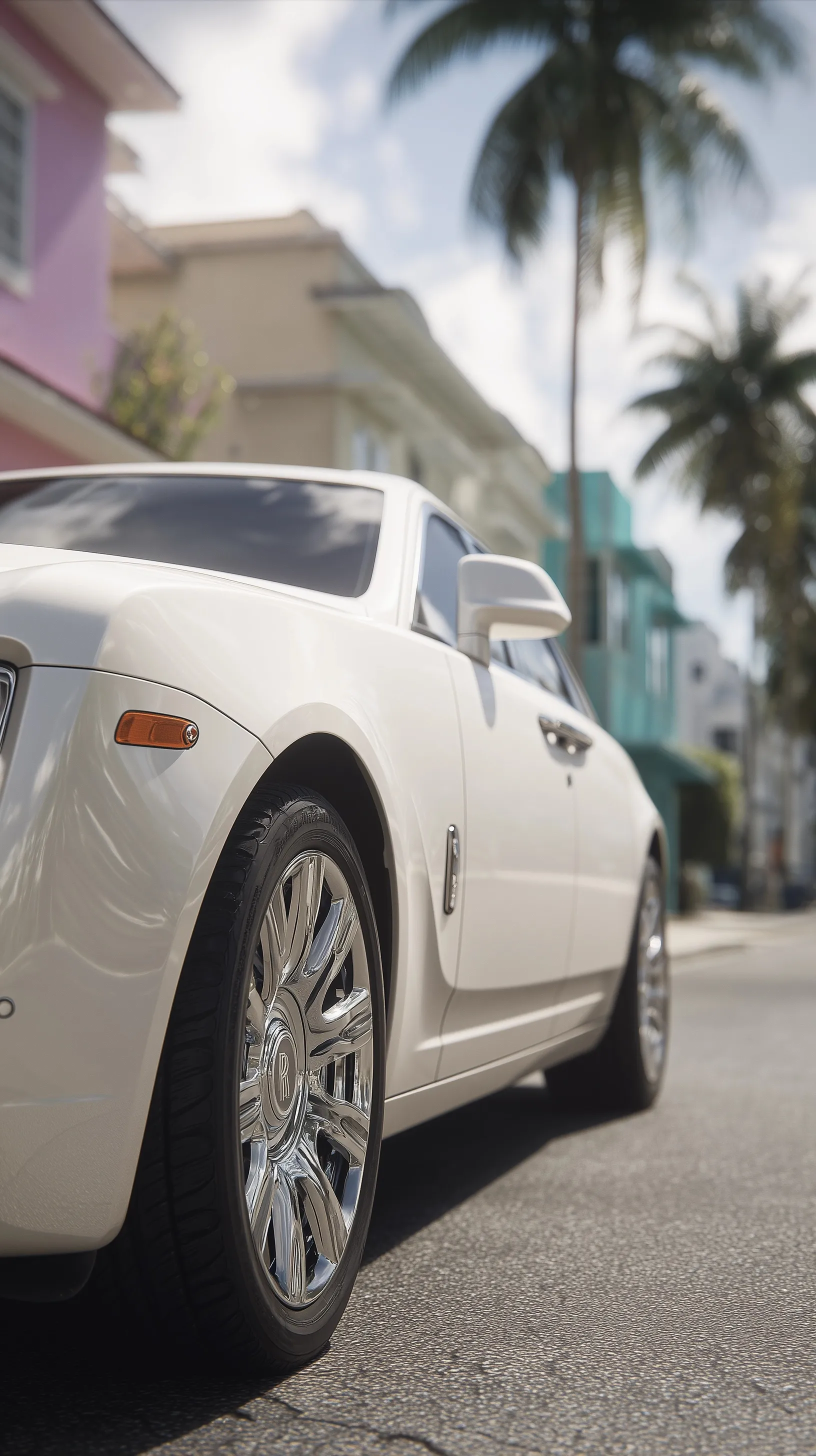 Ultra-realistic side view of a white Rolls-Royce luxury car parked on a sunny Miami street.