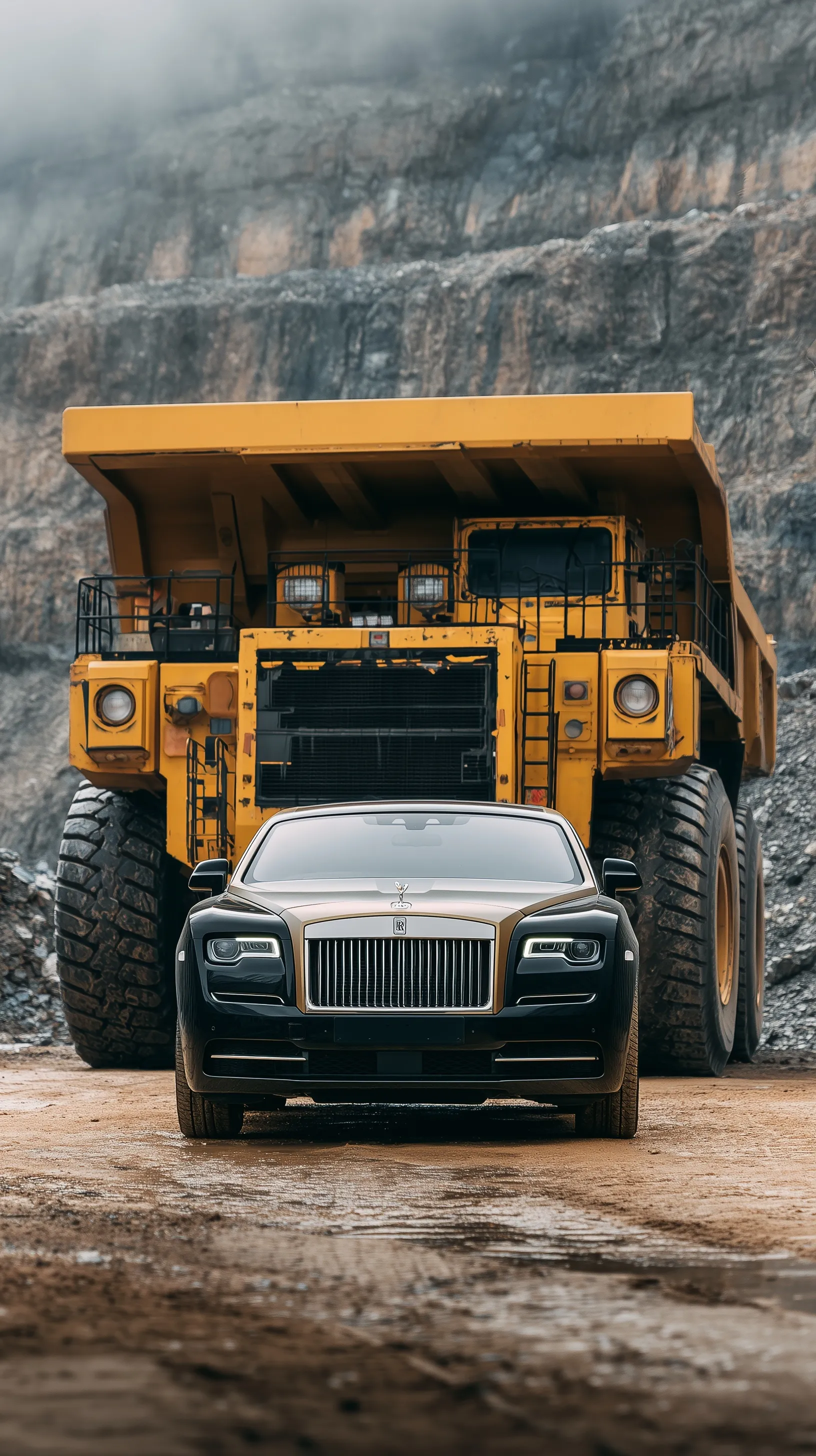 A sleek black Rolls-Royce parked next to a massive yellow mining truck, showcasing a dramatic size comparison.