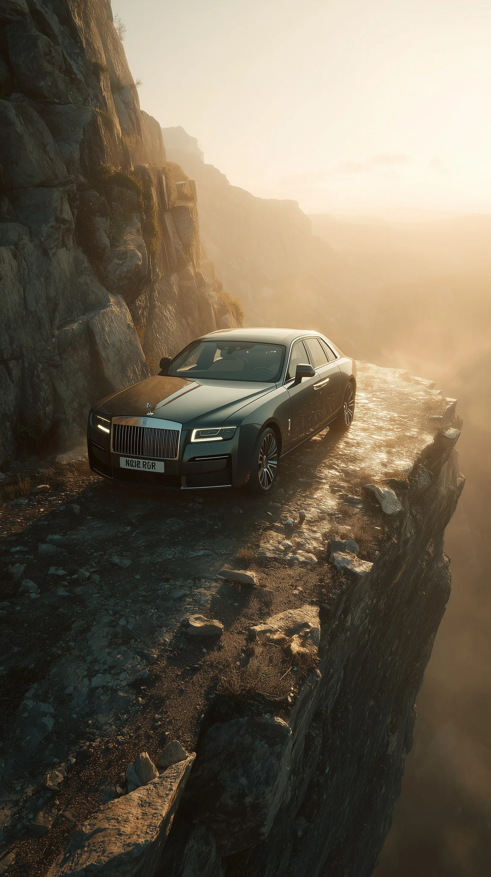 A 2025 Rolls-Royce Ghost luxury car balanced on a steep cliff edge at golden hour, cinematic 4K wallpaper.
