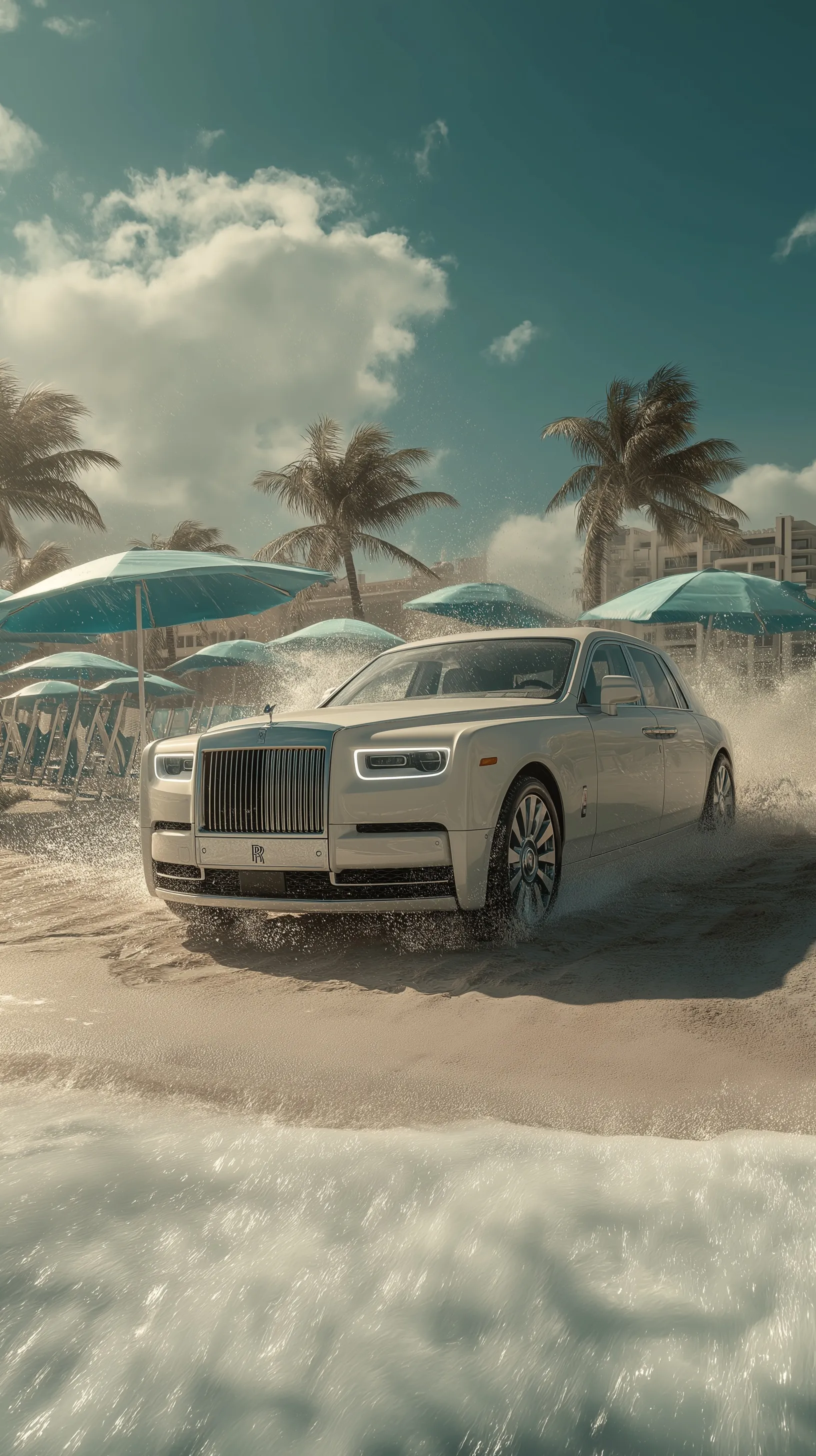 Ultra-realistic Rolls Royce Phantom speeding on Miami Beach causing cinematic chaos with ocean waves and debris.