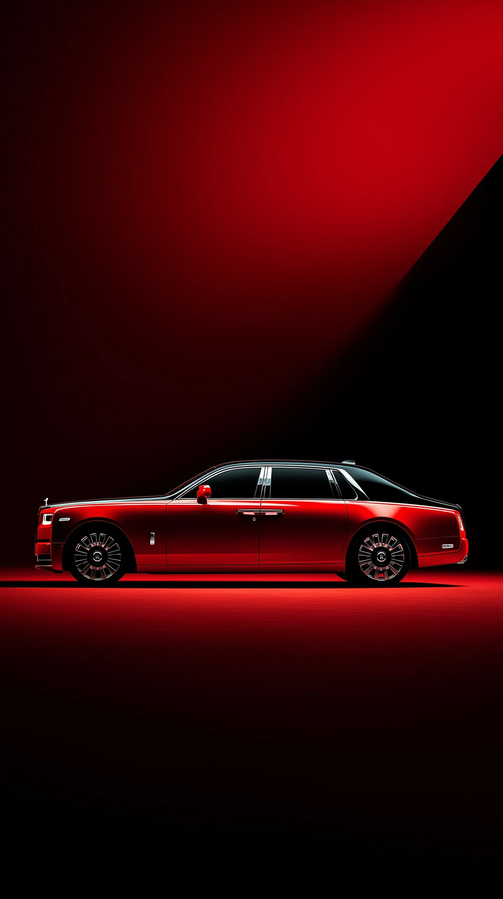 Side view of a red and black Rolls Royce Phantom in a high-contrast red field with cinematic 8k lighting.
