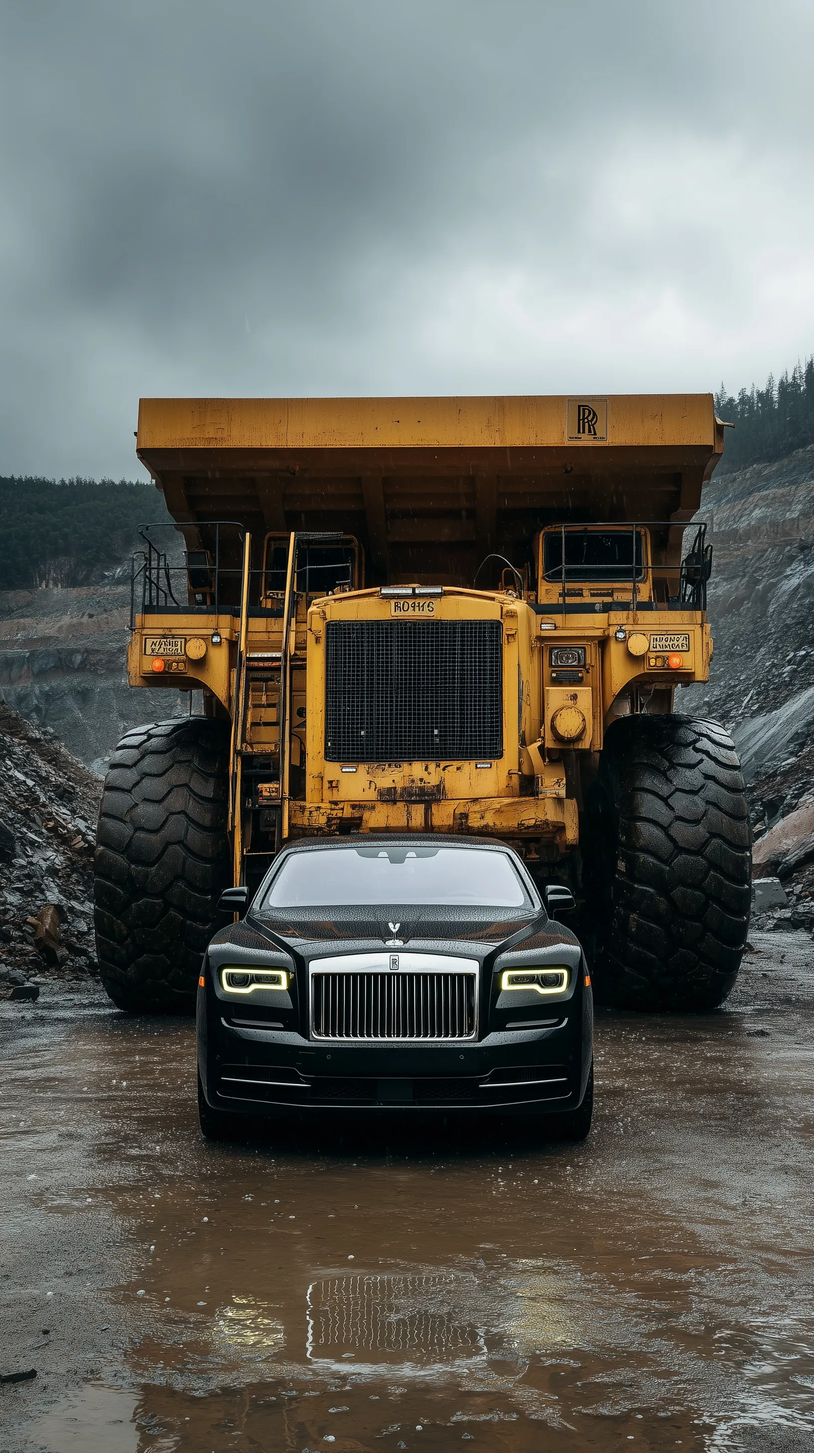 A sleek black Rolls-Royce parked next to a massive yellow mining truck for a high-contrast luxury wallpaper.