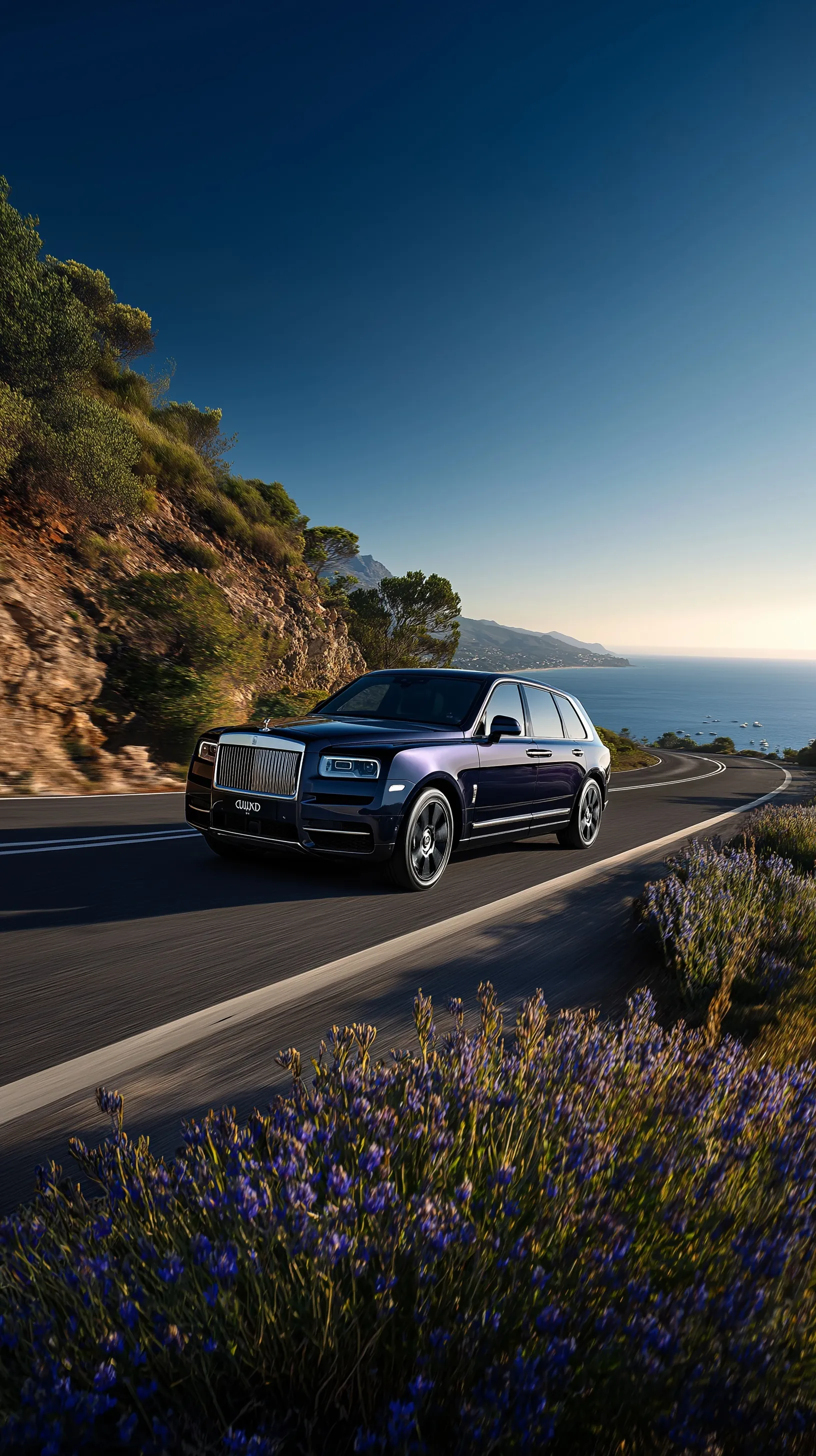 Purple electric Rolls Royce Cullinan SUV driving through a flower field on a sunny day, luxury car wallpaper.