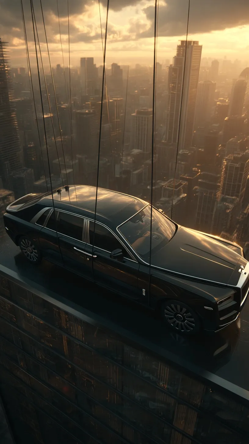 A black Rolls-Royce balancing on ropes between two skyscrapers at sunset for a cinematic high-resolution wallpaper.