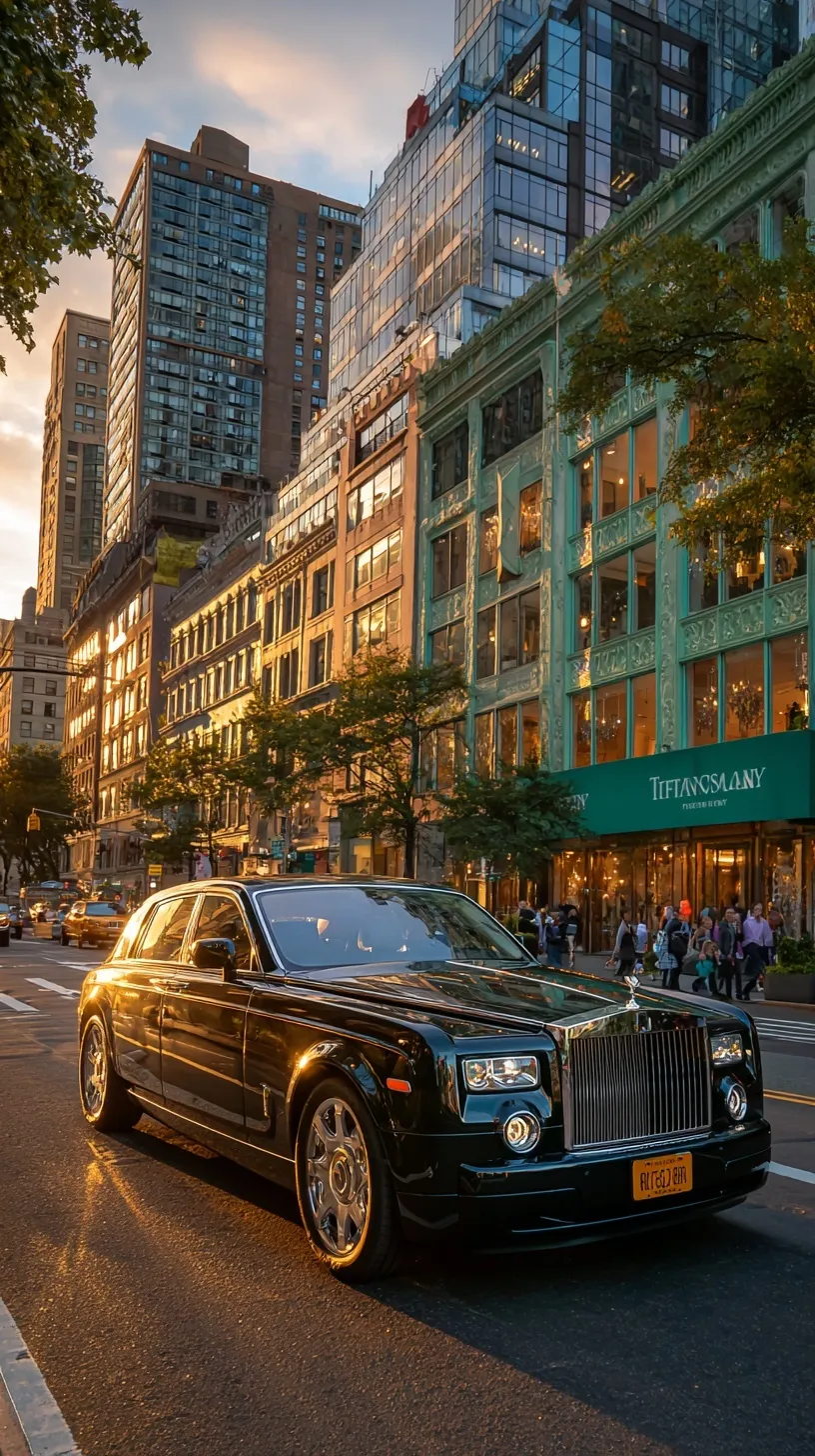 A sleek black Rolls-Royce Phantom driving past Tiffany & Co. on Fifth Avenue at sunset with golden light reflections.