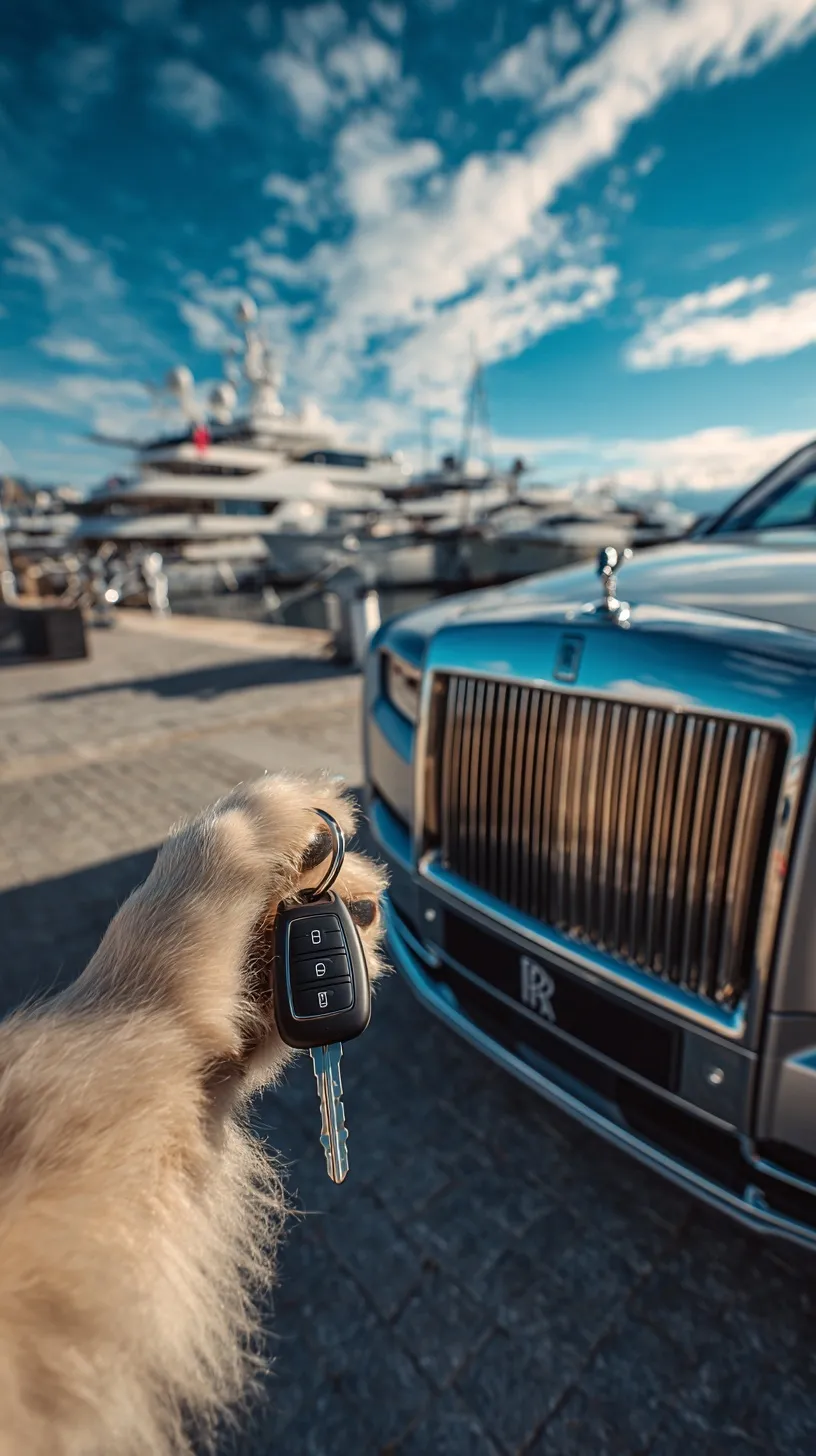 A dog's paw holding Rolls-Royce Phantom keys at a luxury yacht marina, first-person perspective.