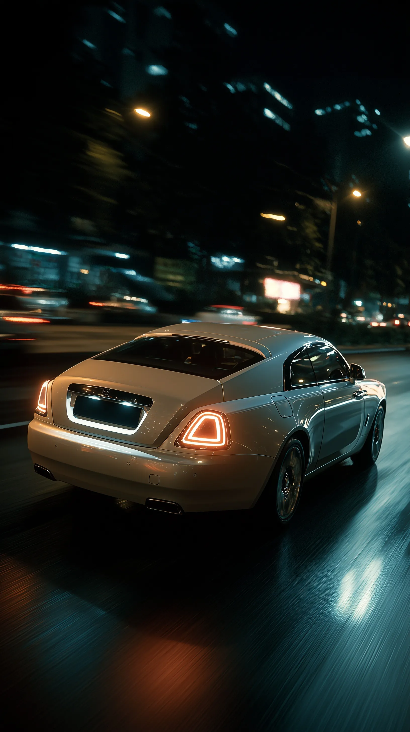 A luxury champagne Rolls-Royce coupe driving on an asphalt road at night with glowing taillights and motion blur.