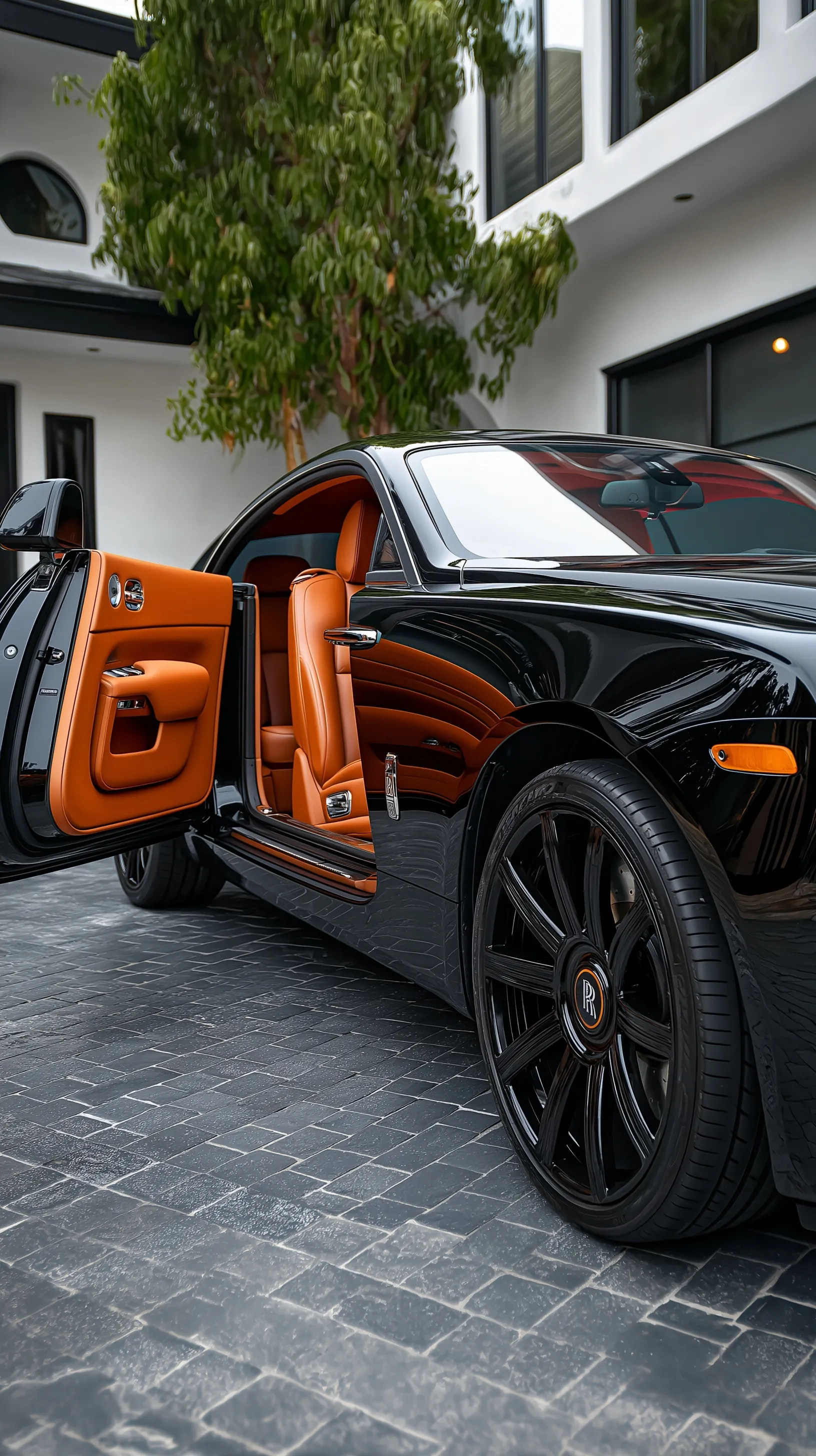 Hyper-realistic Rolls Royce with orange interior and MP5K, parked on a cobblestone driveway in Los Angeles.