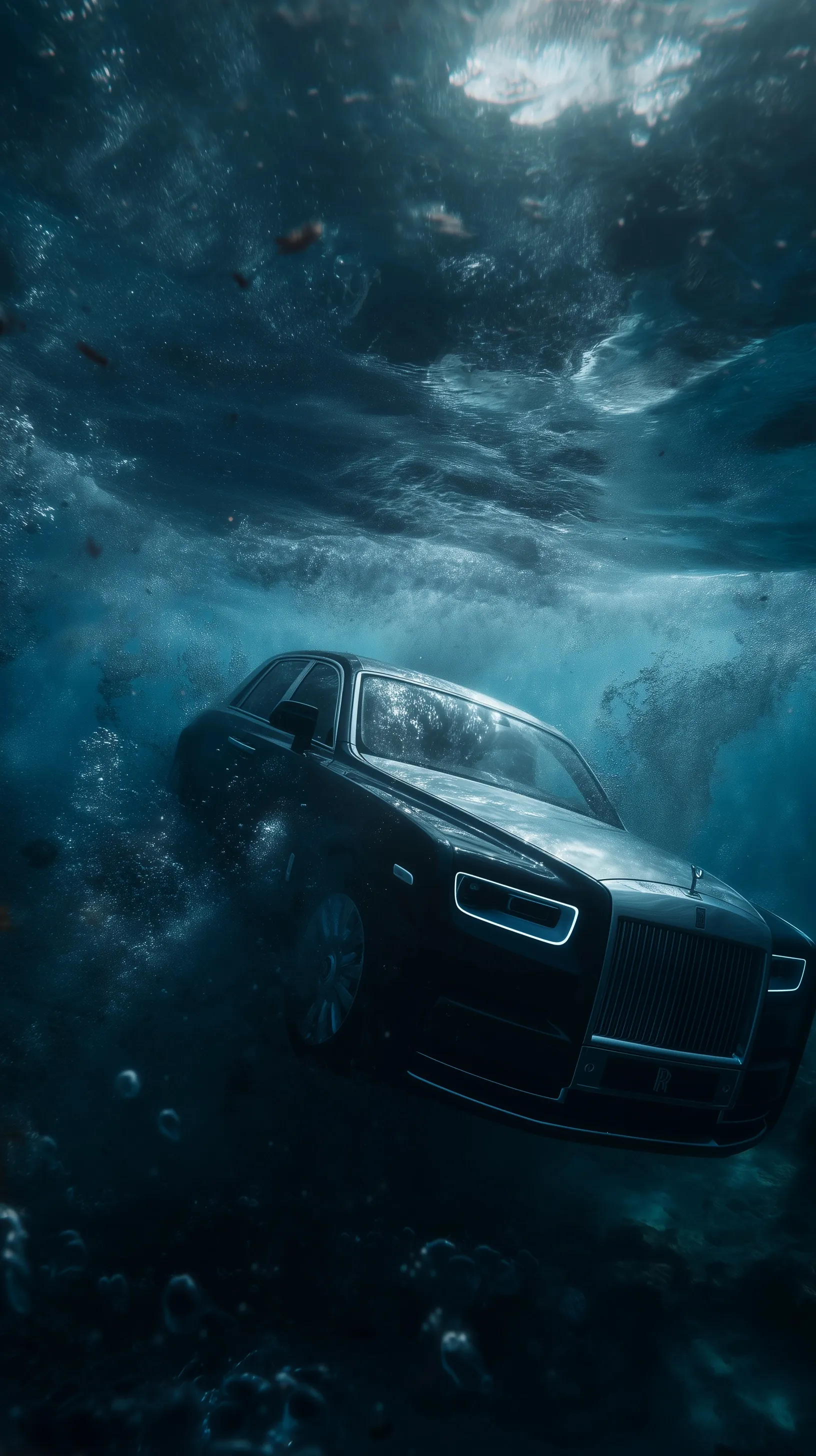 A black Rolls-Royce Phantom sinking in deep blue ocean water with cinematic light rays and rising air bubbles.