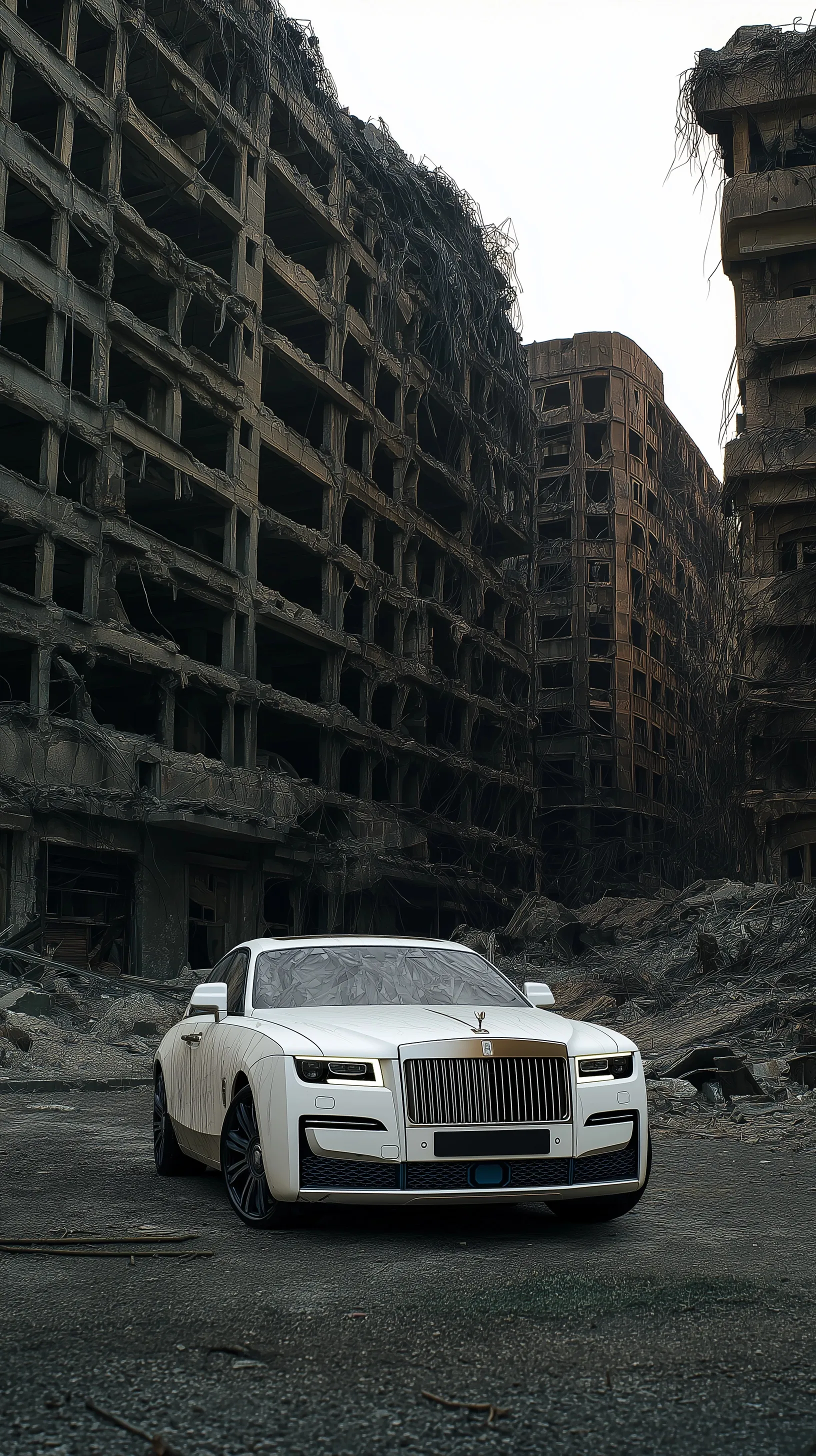 A dirty white Rolls-Royce Ghost parked amidst the rubble and ruins of a bombed-out city landscape.