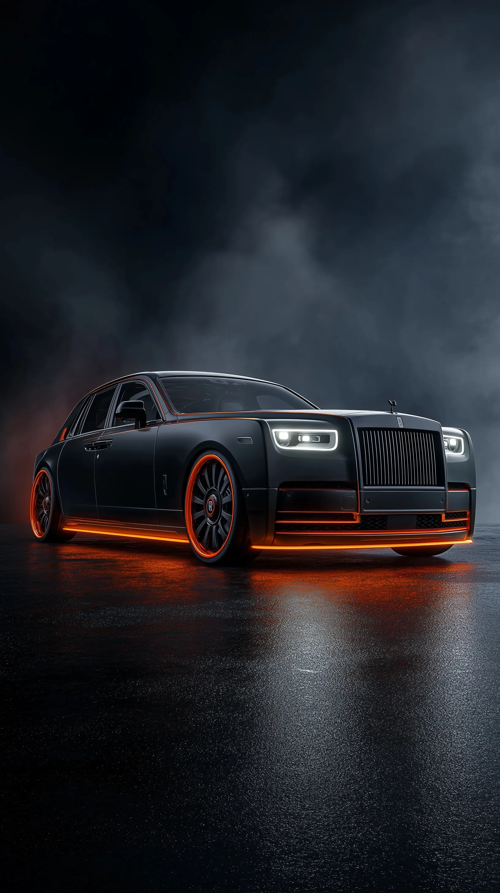 A matte black and orange Rolls-Royce Phantom parked in a smokey, cinematic environment in 8K hyper-realistic detail.