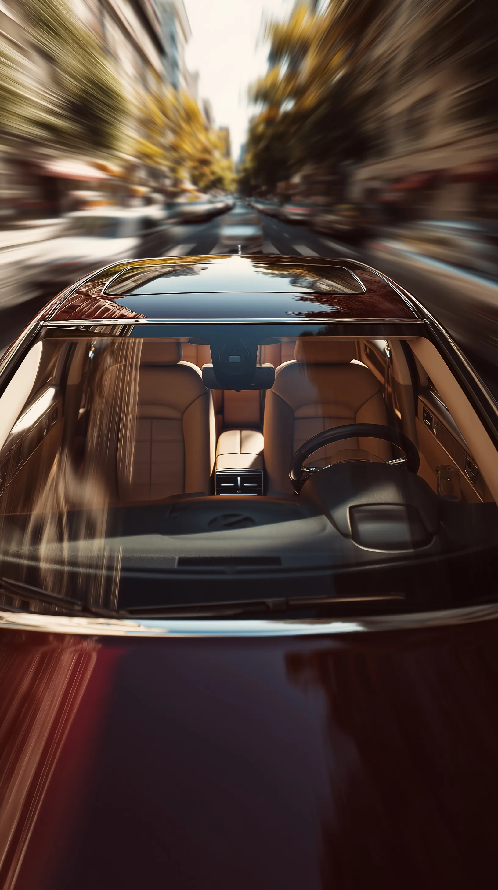 A luxury sedan interior viewed from the hood, featuring premium leather seats and a Rolls Royce aesthetic.