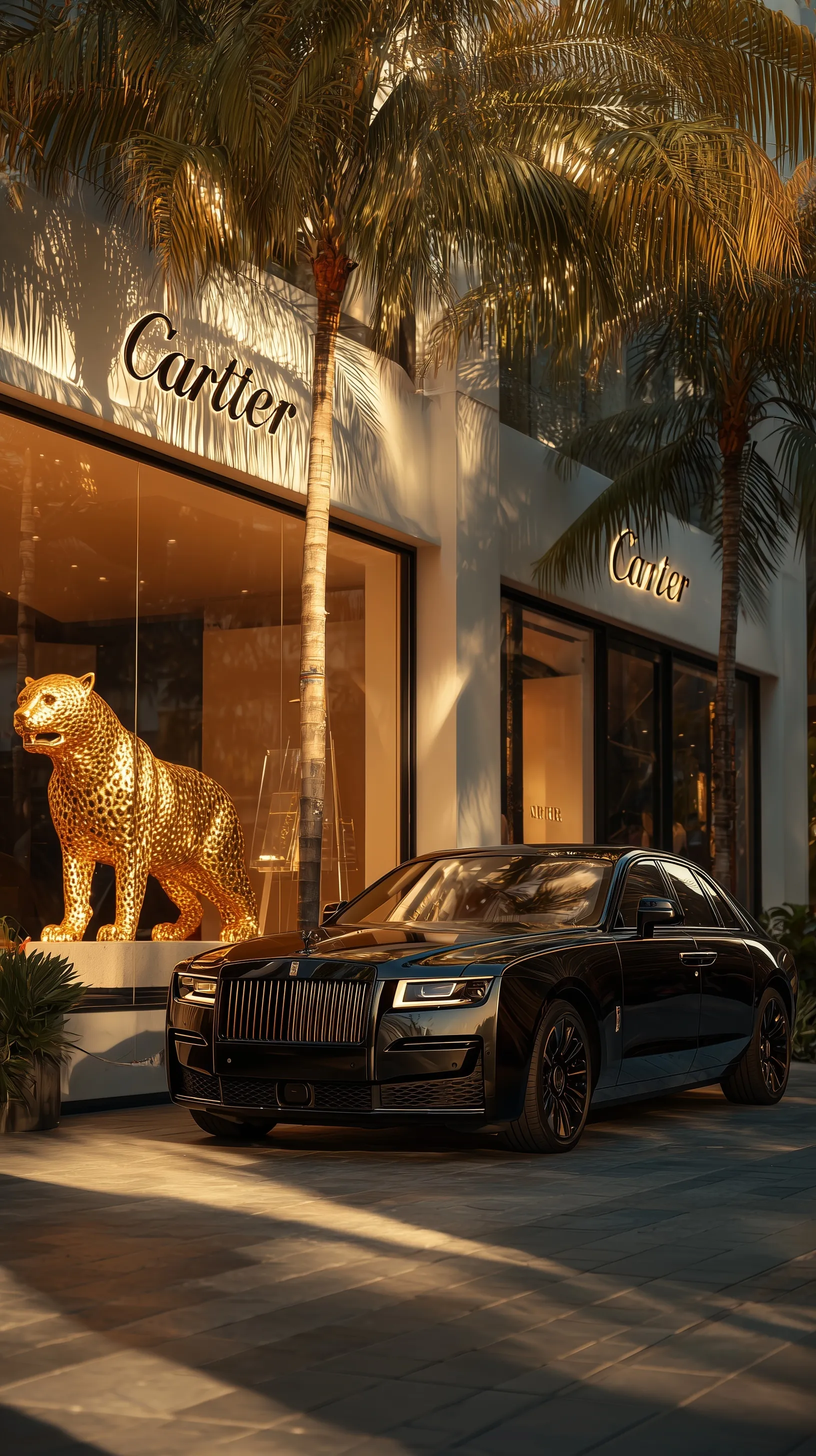 Matte black Rolls-Royce parked before a luxury Cartier boutique in Miami during golden hour with a golden panther.