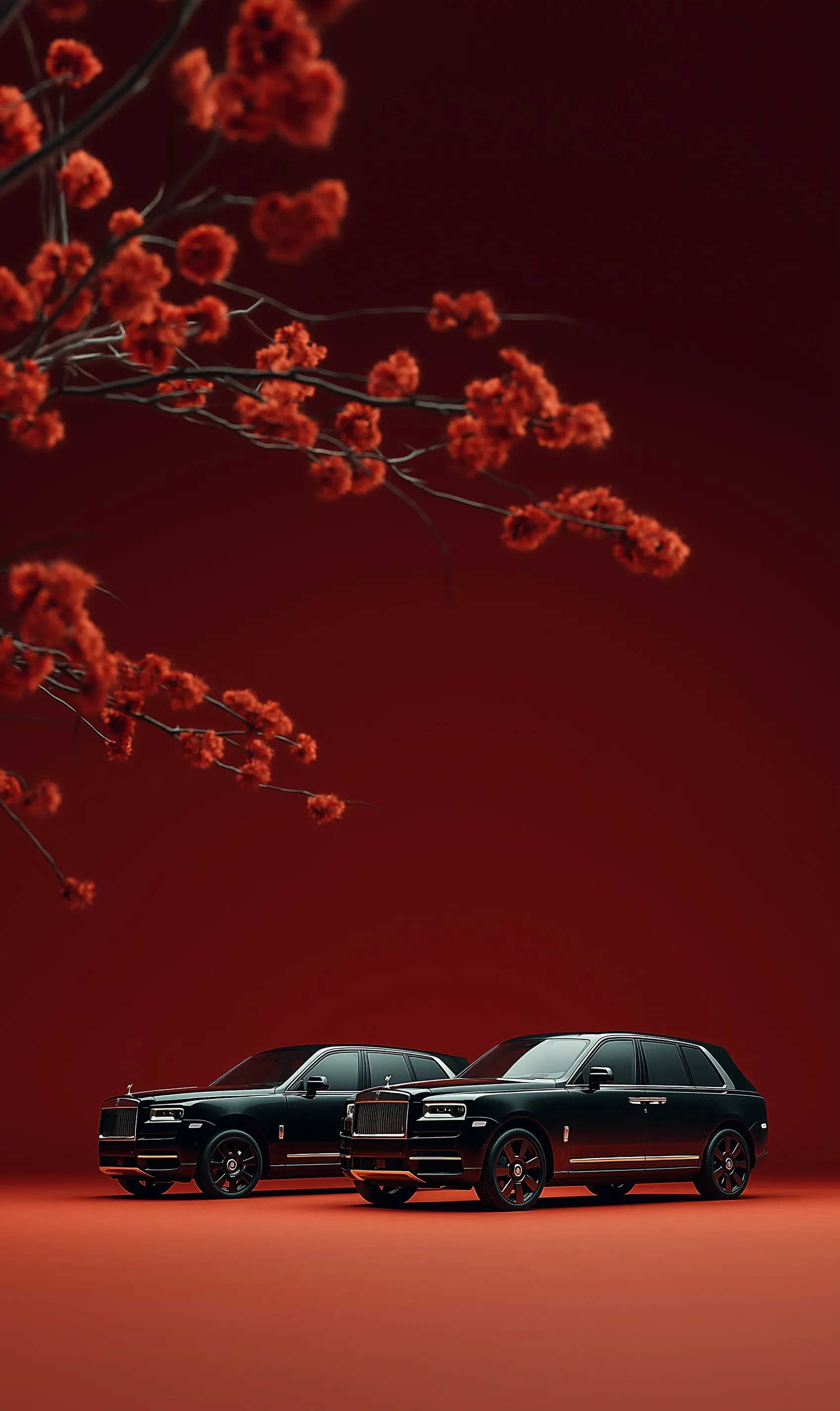 Two black Rolls-Royce Cullinan SUVs parked against a dark cherry background with elegant plum blossoms.