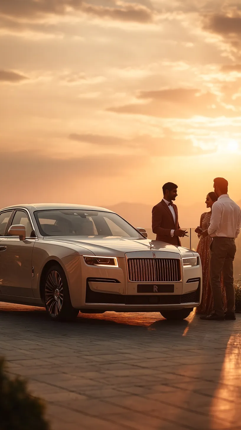 A luxury Rolls-Royce car presentation with an Indian couple and sales executive at golden hour for phone wallpaper.