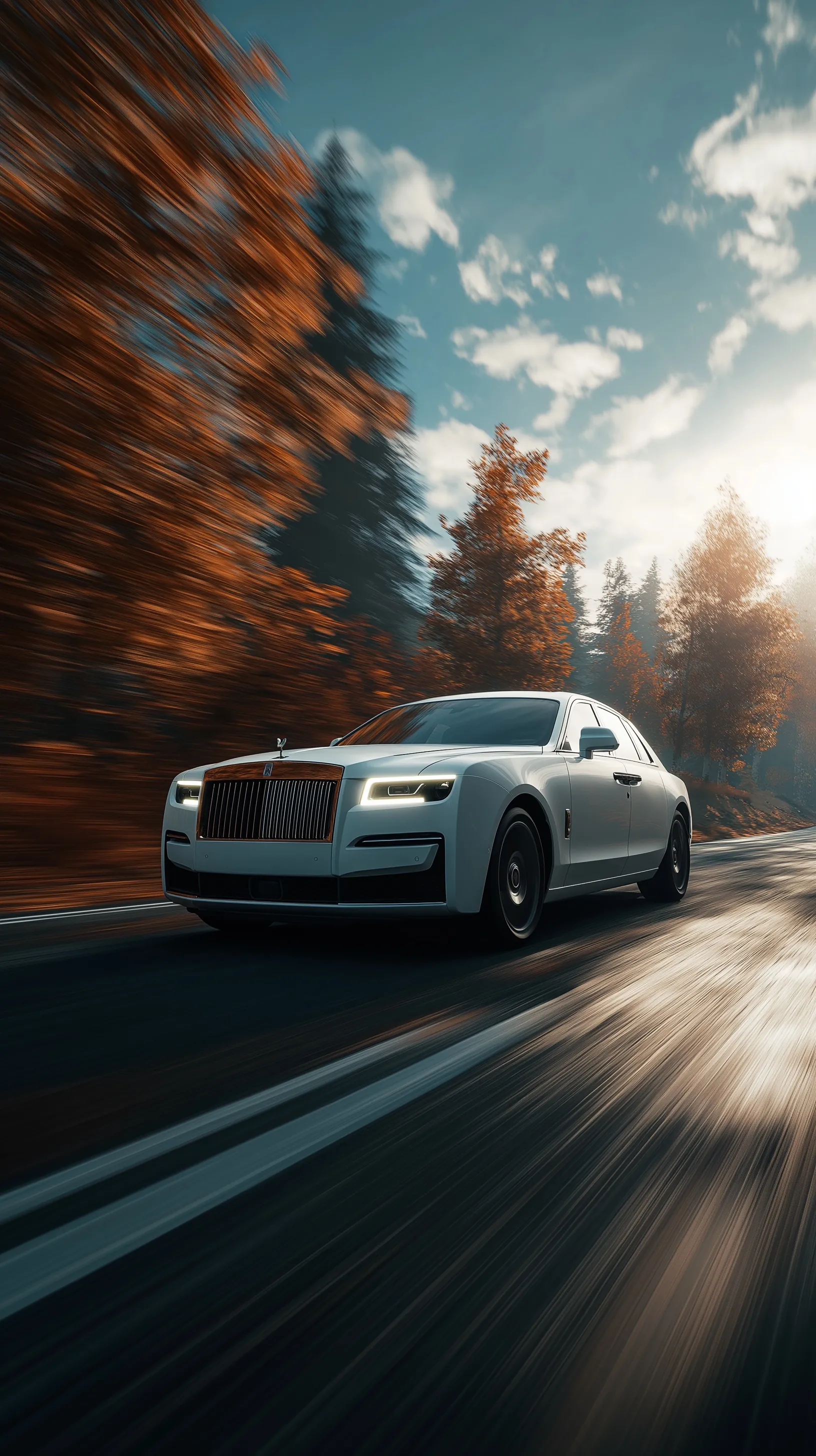 A luxury Rolls Royce driving on a forest road with autumn foliage, cinematic 8k low-angle hero shot.