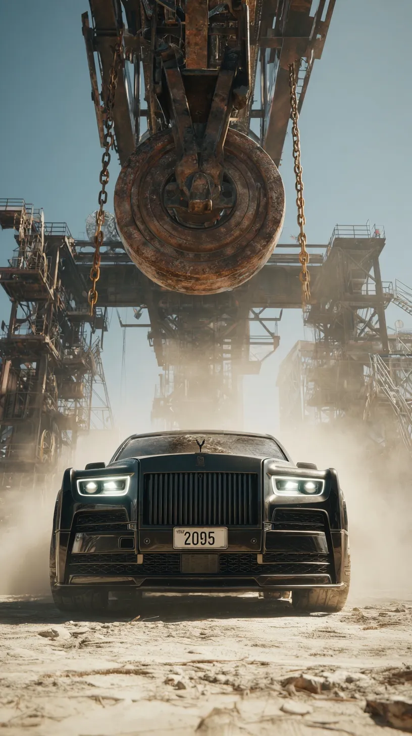 A sleek black 2025 Rolls-Royce Phantom parked under a massive rusted crane in a cinematic construction site.