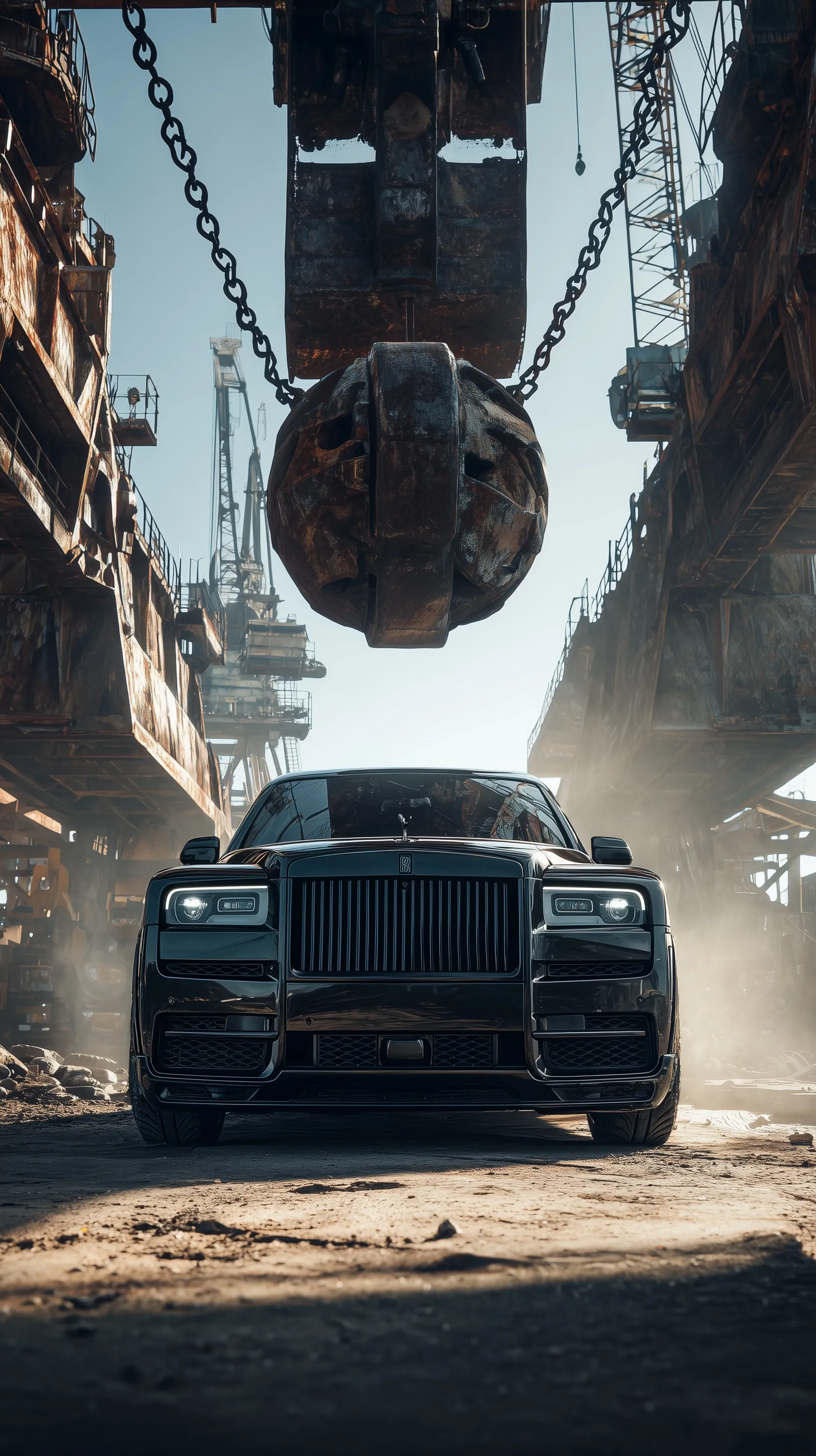 A sleek black Rolls-Royce parked beneath a giant rusty industrial wrecking ball in a dramatic, cinematic setting.