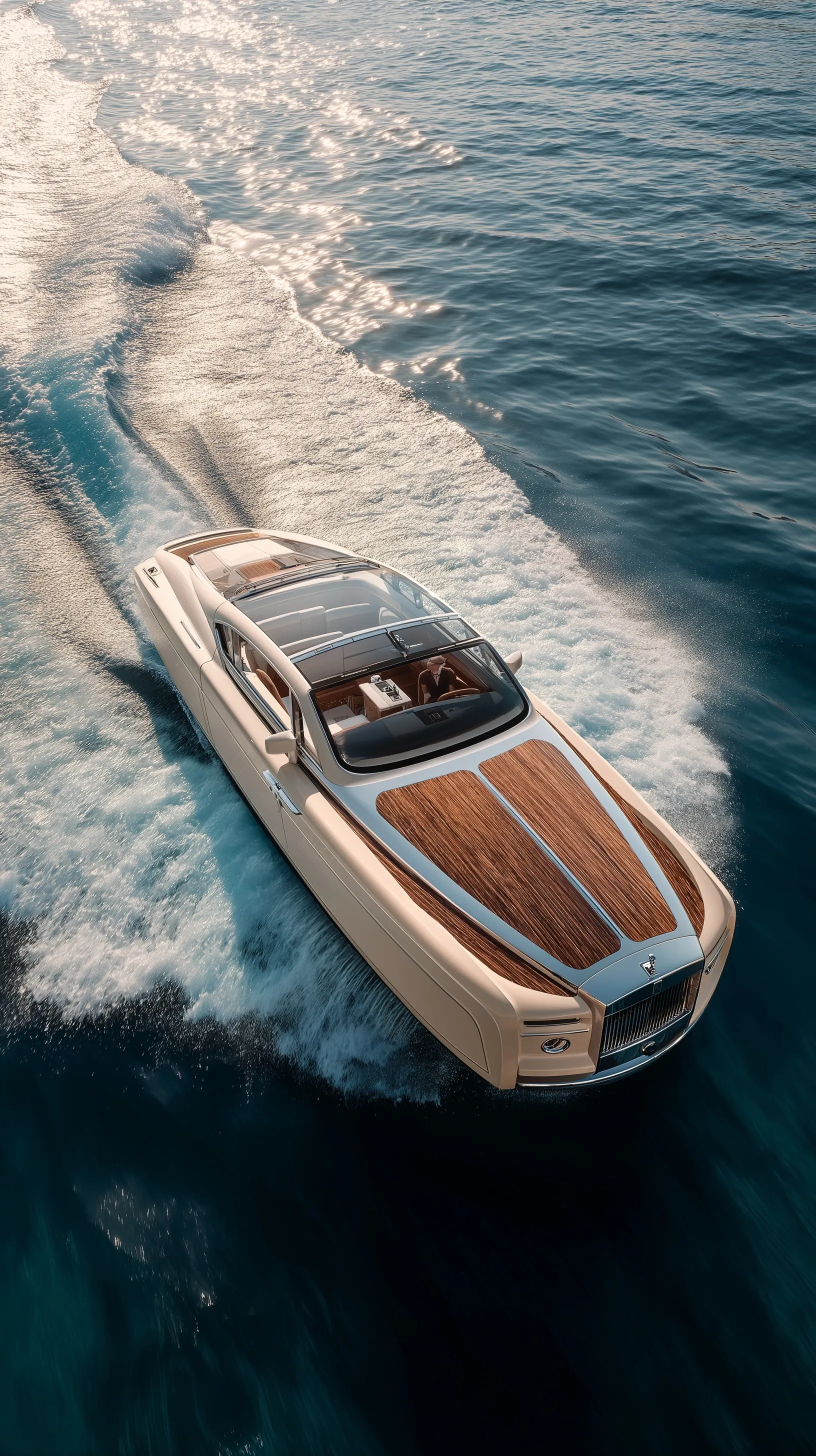 A luxury cream-colored Rolls-Royce inspired speedboat cruising on deep blue ocean water with elegant wave ripples.